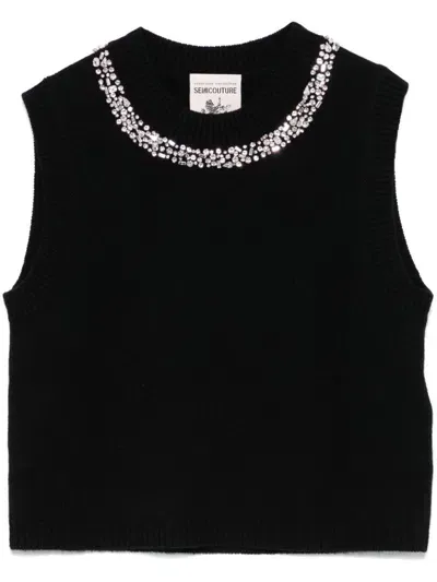 Semicouture Crystal-embellished Knitted Top In Black