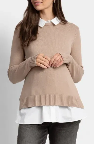 Seraphine Crewneck Maternity Sweater & Button-up Shirt Set In Camel