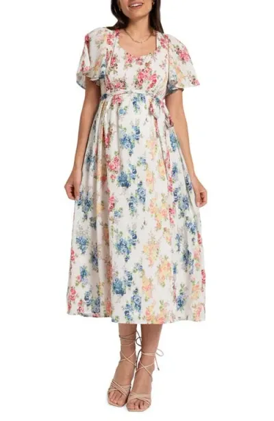 Seraphine Floral Flutter Sleeve Maternity/nursing Midi Dress