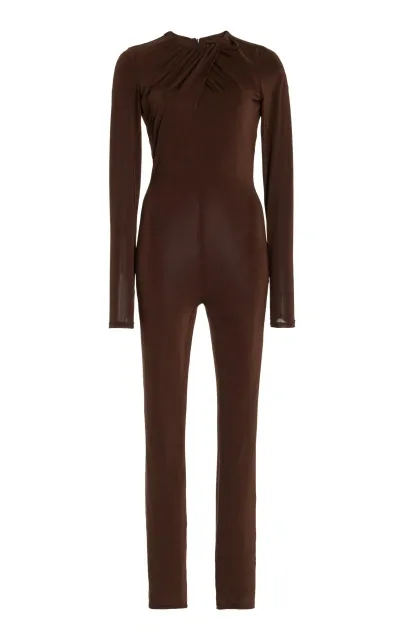 Sergio Hudson Ruched Knit Jersey Catsuit In Brown