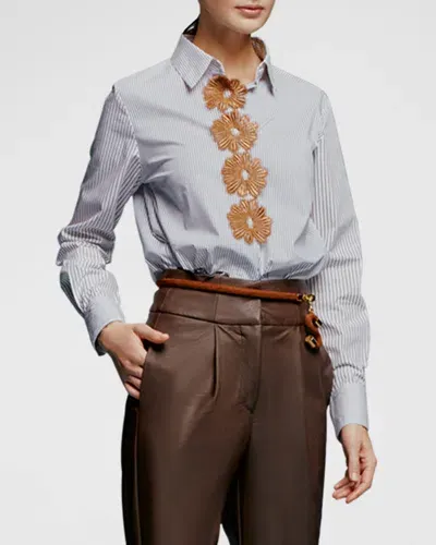 Silvia Tcherassi Naroa Flower Striped Button-down Blouse In Brown