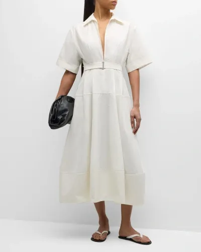 Simkhai Deanna Belted Poplin Short-sleeve Midi Shirtdress In White