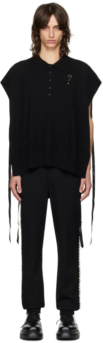 Simone Rocha Black Embellished Relaxed Knit Polo In Black/jet