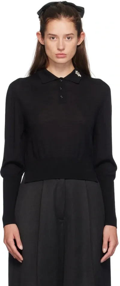 Simone Rocha Black Merino Wool & Silk Polo In Black+pearl+clear