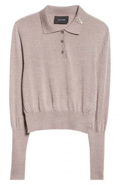 Simone Rocha Crystal Embellished Merino Wool & Silk Polo Sweater In Clay/pearl/clear