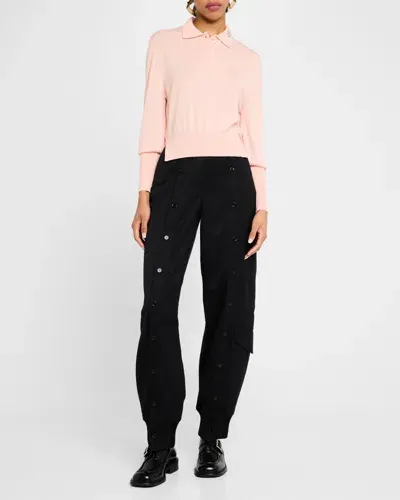 Simone Rocha Embellished Merino-silk Knit Polo Sweater In Pale Pink Clear