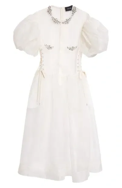 Simone Rocha Petal Puff Sleeve Sheer Silk Dress In White