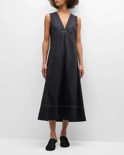 Simonmiller Mar Sleeveless Topstitched Poplin Midi Dress In Black