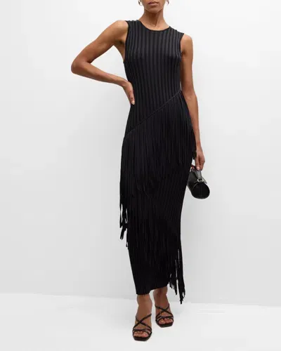 Simonmiller Spiral Ribbed Crew Sleeveless Fringe Maxi Dress In Black