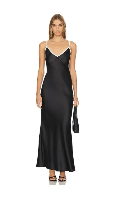 Sndys Satin Cami Plunge Maxi Dress With Contrast Seam Detail In Black