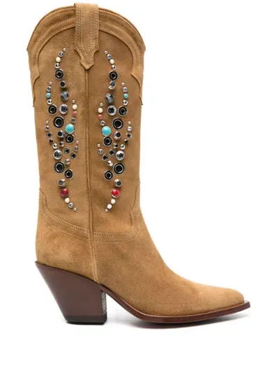 Sonora Studded Suede Cowboy Boots In Brown