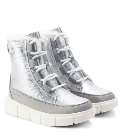 Sorel Kids'  Explorer Iii Lace Metallic Leather Ankle Boots In Silver