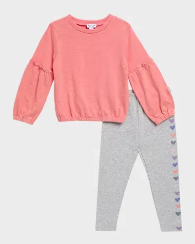 Splendid Kids' Girl's Rainbow Heart Sweater & Leggings Set In Terracotta