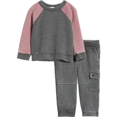 Splendid Babies'  Raglan Sleeve Sweatshirt & Cargo Pants Set In Burgundy/grey