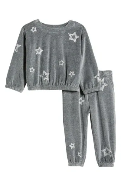 Splendid Babies'  Star Embellished Velour Graphic Sweatshirt & Joggers Set In Heather Charcoal