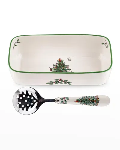 Spode Christmas Tree Cranberry Server With Slotted Spoon In Green