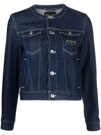 Sport B. By Agnès B. Embroidered-logo Collarless Denim Jacket In 蓝色