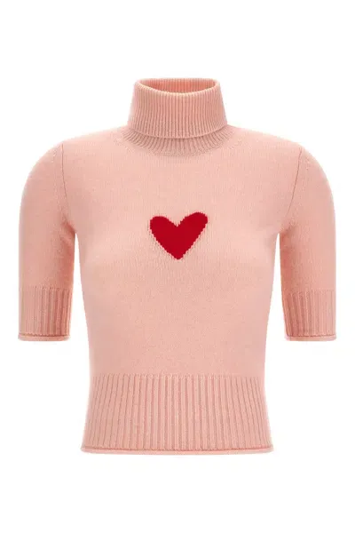 Sportmax Jacquard Heart Mock Polo Neck Jumper In Pink