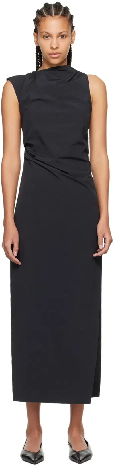 St Agni Black Asymmetric Neck Midi Dress