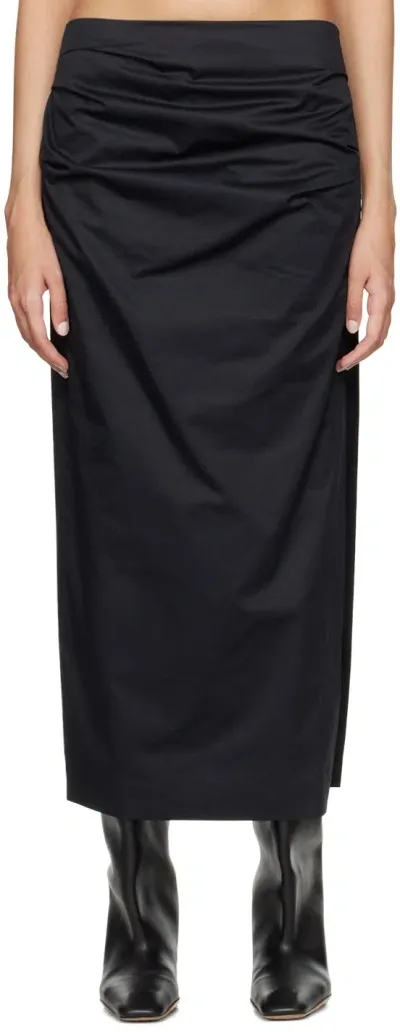 St Agni Black Cotton Tuck Midi Skirt