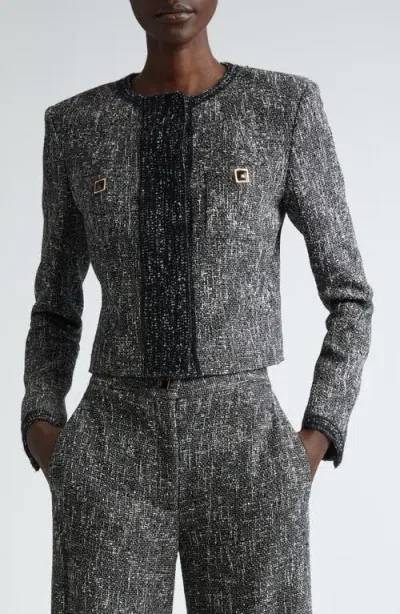 St John St. John Collection Lightweight Knit Tweed Crop Jacket In Black/chalk Multi