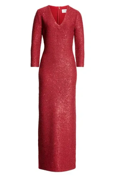 St John St. John Collection Sequin Metallic V-neck Knit Gown In Haute Red