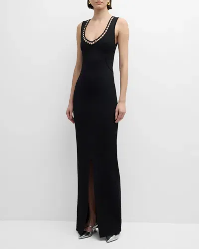 St John Crystal Embellished Sleeveless Stretch Viscose Milano Knit Gown In Black