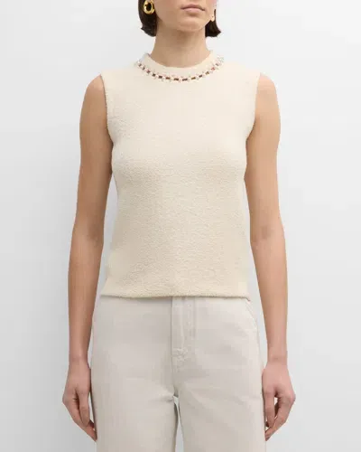 St John Embellished Micro Boucle Stretch Knit Sleeveless Sweater In Ecru