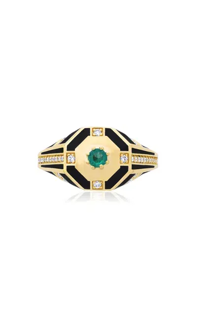 State Property Genil Enchantress 18k Yellow Gold Emerald; Diamond Signet Ring In Green