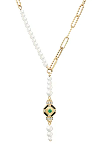 State Property Genil Enchantress 18k Yellow Gold Pearl; Emerald Necklace In Green