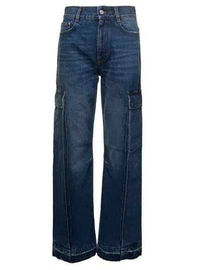 Stella Mccartney Blue Flare Cargo Jeans With Logo Patch In Cotton Denim Woman