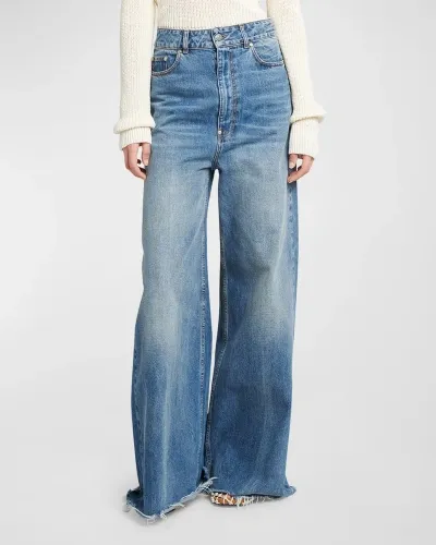 Stella Mccartney Mid-rise Medium Wash Wide-leg Raw-hem Jeans In Vintage Blue Denim