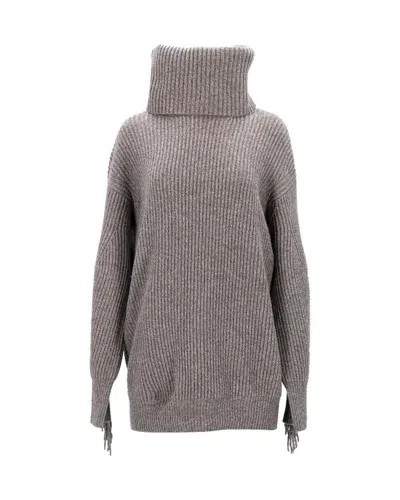 Stella Mccartney Turtleneck Fringed Sweater In Grey Cashmere