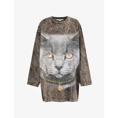 Stella Mccartney Womens Washed Grey Cat-print Relaxed-fit Cotton-jersey Sweatshirt