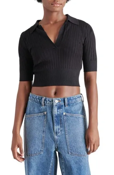 Steve Madden Charlise Rib Crop Polo Sweater In Black