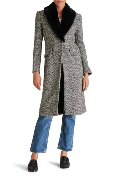 Steve Madden Dienne Herringbone Tweed Coat With Faux Fur Collar In Black Multi