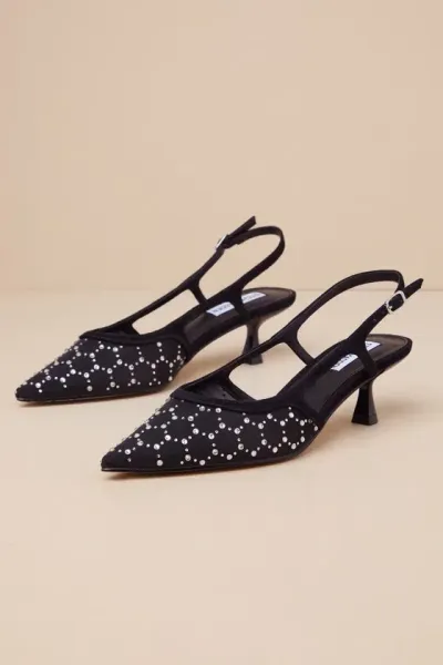 Steve Madden Womens Black Legaci Rhinestone-embellished Heeled Woven Slingbacks