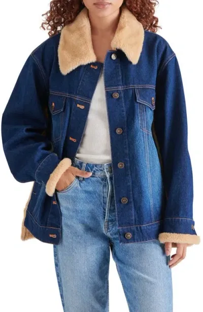 Steve Madden Winona Oversize Faux Fur Denim Jacket In Dark Indigo