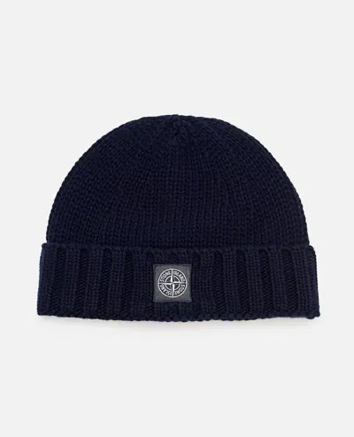 Stone Island Beanie With Patch Logo In Blue