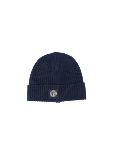 Stone Island Logo Beanie In Blue