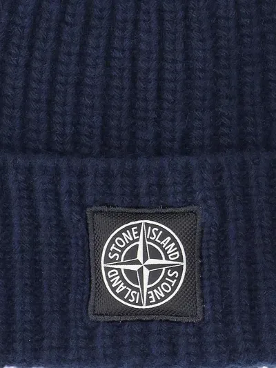 Stone Island Logo Beanie In Blue