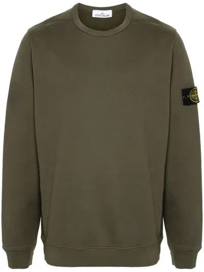 Stone Island Green Cotton Crewneck Sweatshirt With Compass Patch