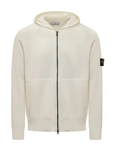 Stone Island Logo Patch Zip Up Hoodie In White