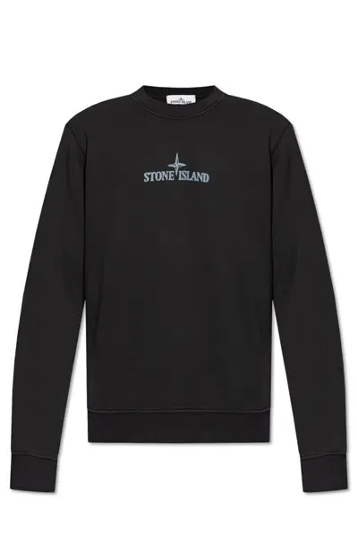 Stone Island Logo Printed Crewneck Sweatshirt In Black