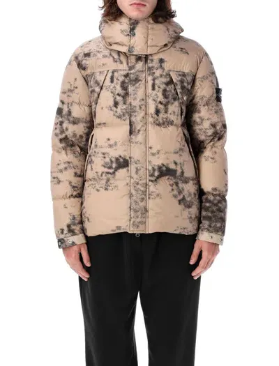 Stone Island Printed Hooded Down Jacket In Brown