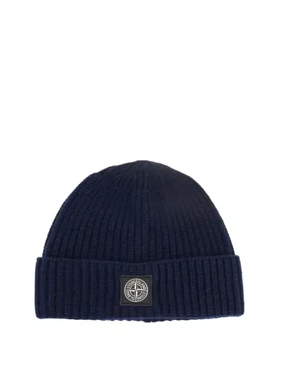 Stone Island Virgin Wool Hat With Logo In Blue