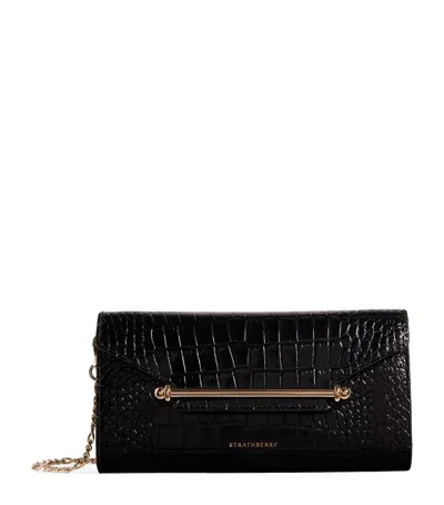 Strathberry Leather Multrees Croc-effect Chain Wallet In Black