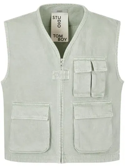 Studio Tomboy Flying V-neck Cotton Gilet In Green