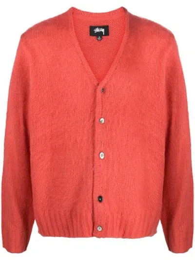 Stussy V-neck Knitted Cardigan In Red