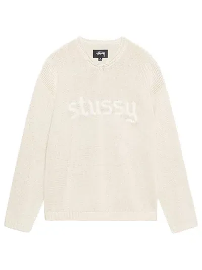 Stussy Roll V-neck Logo Sweater In Neutral